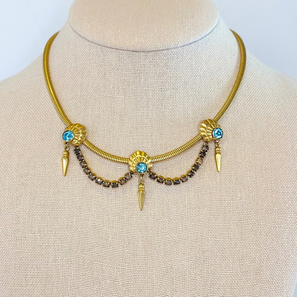 Vintage 12K Gold Filled Festoon Necklace Blue Rhinestone Snake Chain Spike 15"